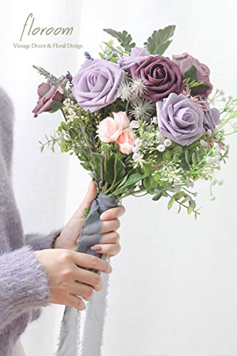 Artificial Flowers 25pcs Real Looking Plum Foam Fake Roses with Stems for DIY Wedding Bouquets Bridal Shower Centerpieces Floral Arrangements Party Home Decorations (25 Count)