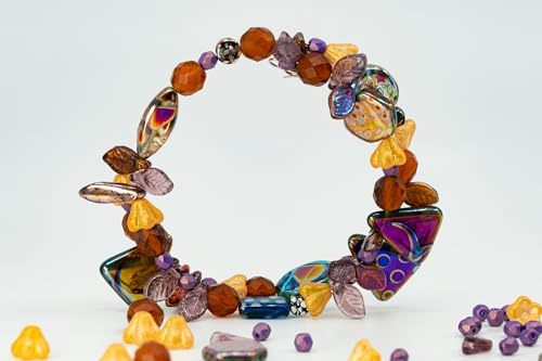 1.4oz (40g) Limited Mix of Czech Glass Beads, Hand Made Set Kit, Purple Fantasy Golden Bell Flowers