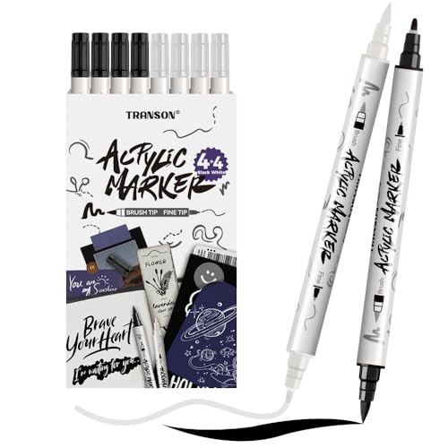 4 Black and 4 White Paint Markers Brush and Fine Dual (8 Count)