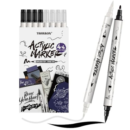 4 Black and 4 White Paint Markers Brush and Fine Dual (8 Count)