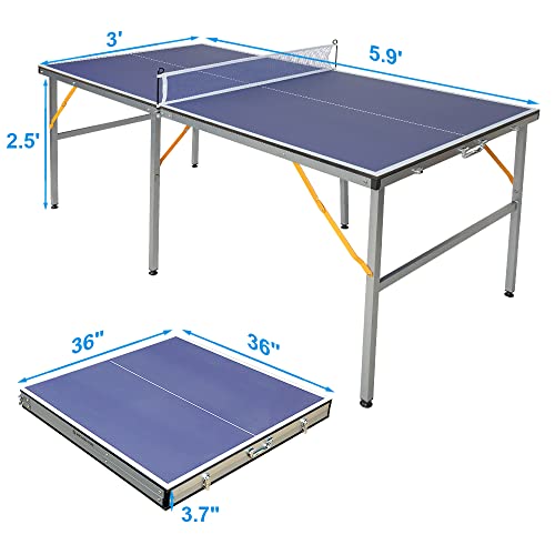 6FT/8FT/9FT Mid-Size Table Tennis Table Ping-Pong Table Set Foldable & Portable Table Indoor Outdoor for Family Game (Blue, 6FT)