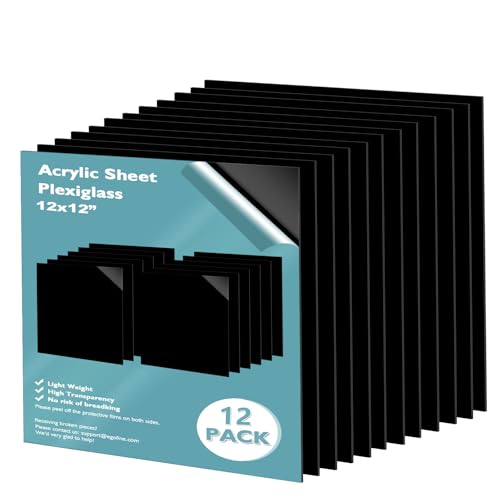 12" x 12" Black Plexiglass Sheets 12 Pack 0.04 Inch Cast Acrylic Sheet Thick for DIY Craft Projects