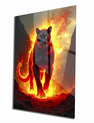 Fiery Black Panther Glass Wall Art Painting for Living Room