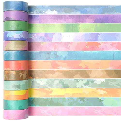 Watercolors Washi Tape Set 12 Rolls Pastel Colors Masking Macaron Graphic Decorative Tapes for Arts (196.8 Foot)