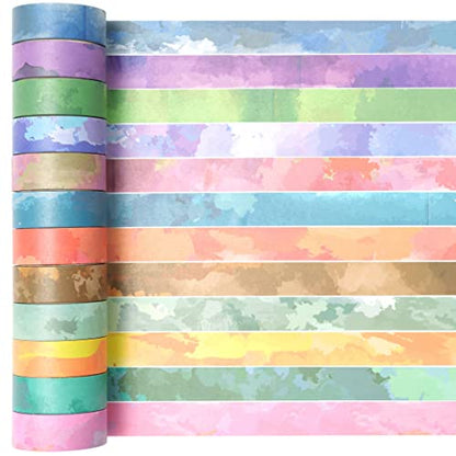 Watercolors Washi Tape Set 12 Rolls Pastel Colors Masking Macaron Graphic Decorative Tapes for Arts (196.8 Foot)