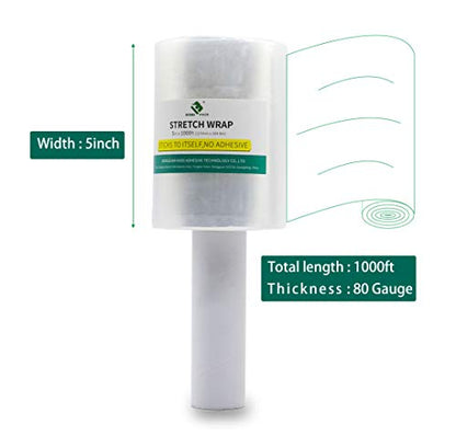 1 Pack Industrial Mini Clear Stretch Wrap with Handle 5" 1000ft 80 Gauge for Pallet Wrap (420 Sq Ft)