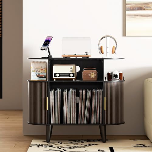 Large Round Record Player Stand with Charging Station & USB Ports