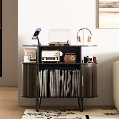Large Round Record Player Stand with Charging Station & USB Ports