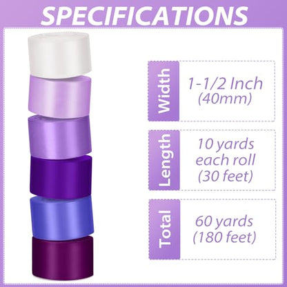 1-1/2 Inch Single-Faced Purple Satin Ribbons for Crafts Gift Wrapping Wedding | 6 Rolls Assorted Ribbons for Flower Bouquet Invitations Bridal Shower Hair Bows Garland Party Decor