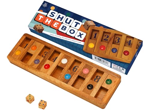 Classic Shut The Box Game Wooden 12 Numbers with Math Lover Player Wood Box of Brain Teaser Puzzles Single Player Original Wood Dice and Close flip Number Board Games Adults Travel Mini Size