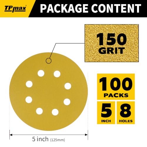100PCS 5 Inch 150 Grit 125mm 8 Hole Sanding Discs Sandpaper (100 Count)