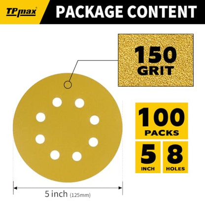 100PCS 5 Inch 150 Grit 125mm 8 Hole Sanding Discs Sandpaper (100 Count)