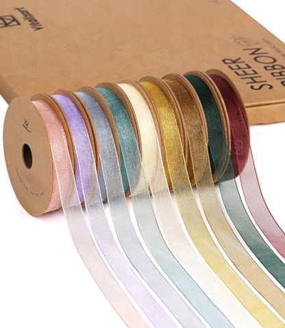 3 8" x 90 Yds Organza Ribbon Set Sheer Ribbon for Gift Wrapping (9 Count)
