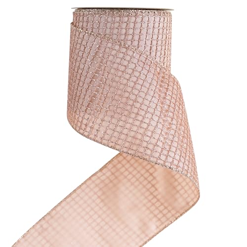 Rose Gold Glitter Square Mesh Wired Ribbon 4 inch x 10 Yards (30 Foot)
