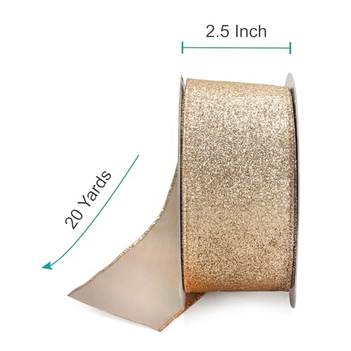 Glitter Wired Ribbon 2.5" x 20 Yards Gold (60 Foot)