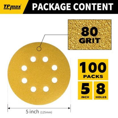 100PCS 5 Inch 80 Grit 125mm 8 Hole Sanding Discs Sandpaper (100 Count)