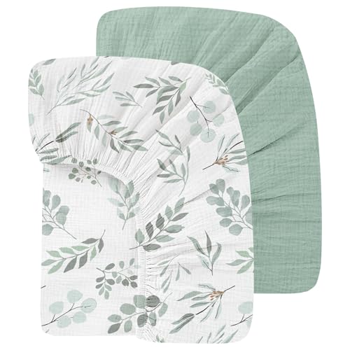 Organic Crib Sheets Fitted Crib Mattress Sheet 2 Pack 52x28 Inches 100% Muslin Cotton for Baby Girls & Boys (2 Count)