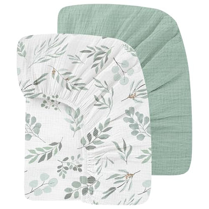 Organic Crib Sheets Fitted Crib Mattress Sheet 2 Pack 52x28 Inches 100% Muslin Cotton for Baby Girls & Boys (2 Count)