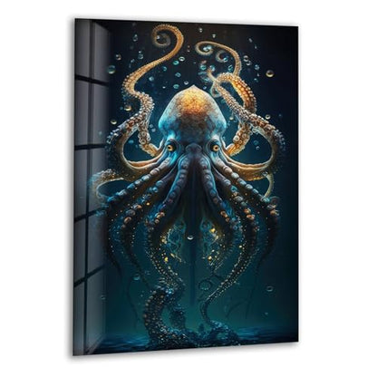 10Wx12H'' Underwater Blue Octopus Glass Wall Art Tempered Glass Printing Wall Decor Large Wall Art Wall Hangings