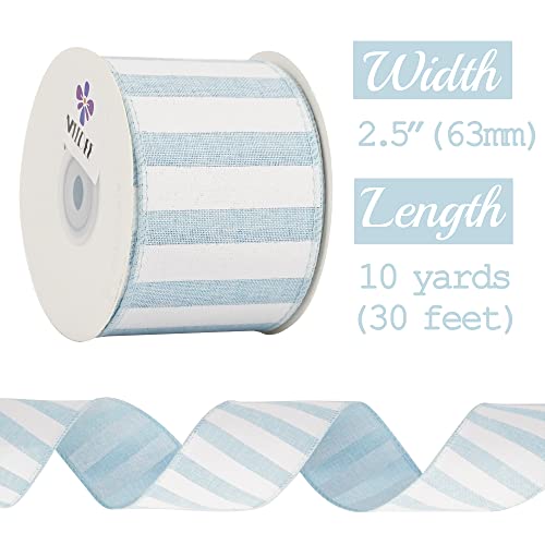 Blue White Stripe Ribbon 2.5 Inch Light Blue Wired Ribbon for Baby Boy Wreath (30 Foot)