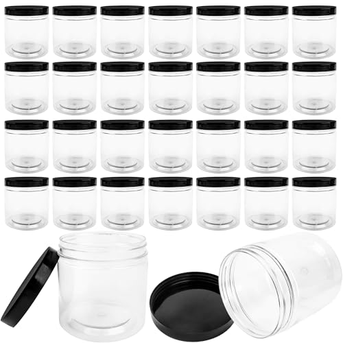 30 Pack 12oz Clear Plastic Jars with Black Lids Plastic Empty Storage Containers Refillable Round Clear Cosmetics Containers for Candy Kitchen Food Storage DIY Crafts Making (30 Count)