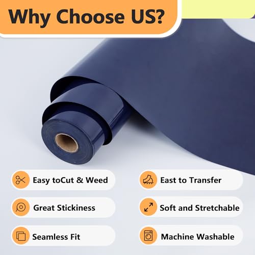 RENLITONG Navy Blue Iron on Vinyl 12Inch by 13ft Roll Heat Transfer Vinyl for T (14.4 Ounce)