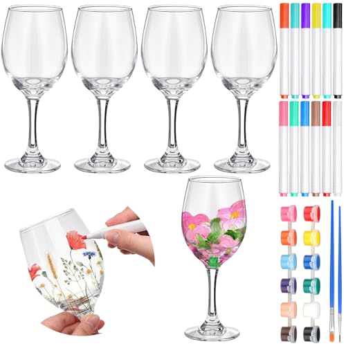 4 Sets Crafts Gift Paint Your Own Wine Glass 15 oz Painting 12 Pcs DIY Markers 12 Colors Acrylic Paint with Brushes to Design Your Own Personalized Craft (4 Count)