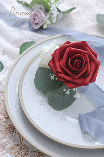 Artificial Flowers 25pcs Real Looking Dark Red Foam Fake Roses with Stems for DIY Wedding Bouquets Bridal Shower Centerpieces Party Decorations (25 Count)