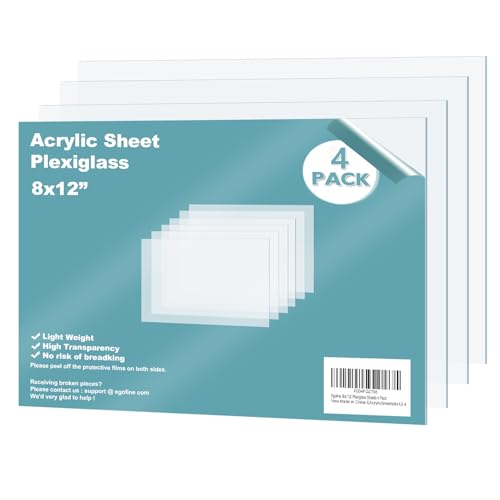 Plexiglass Sheets Acrylic Sheets 4 Pack of 8x12’’ 0.04 Thick Clear Plastic Cast Transparent Plexi Glass for Crafting Projects