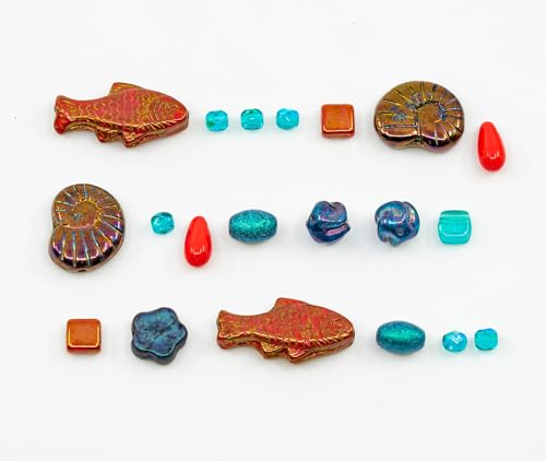 2.1 oz (60 g) Mix of Unique Czech Bohemia Glass Pressed Beads, Matte and Glossy, Hand Made, Coral Red Turquoise New (2.1164 Ounce)