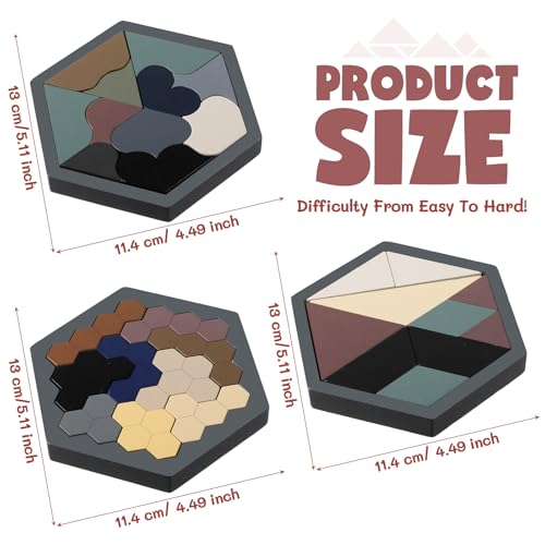 3 Pack Large Wooden Blocks Puzzles Hexagon Tangram Puzzle Wooden Russian Brain Puzzles for Adult Challenge Teasers Geometric Jigsaw Logic Iq STEM Educational Gift Graduation (3 Count)