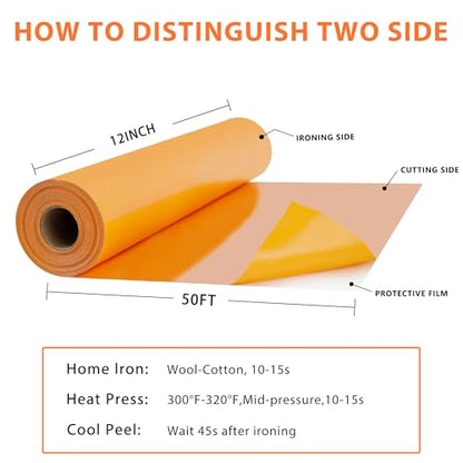 RENLITONG Yellow Orange Iron on Vinyl 12Inch by 50ft Roll Heat Transfer Vinyl for T