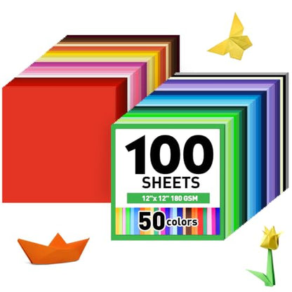 12" x 12" Colored Cardstock 100 Assorted Sheets in 50 Colors