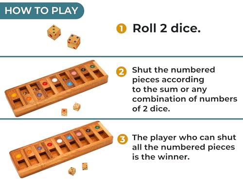 Classic Shut The Box Game Wooden 12 Numbers with Math Lover Player Wood Box of Brain Teaser Puzzles Single Player Original Wood Dice and Close flip Number Board Games Adults Travel Mini Size