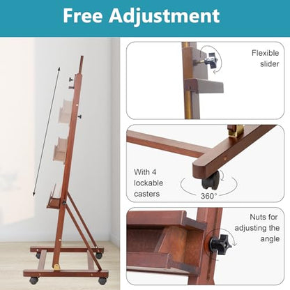 Beechwood H Frame Artist Studio Easel with Wheels and Storage Tray