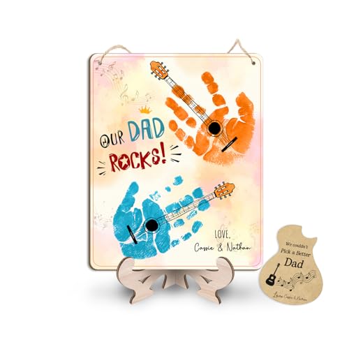DIY Our Dad Rocks Guitar Craft Plaque Baby Handprint Gifts for Dad Papa Musician Guitar Player