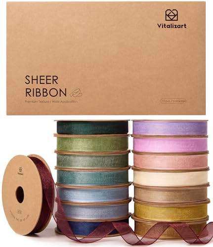 3 8" x 150 Yds Organza Ribbon Set Sheer Ribbon for Gift Wrapping (15 Count)