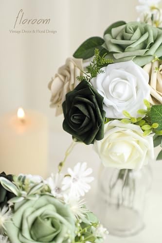 Artificial Flowers 25pcs Real Looking Emerald Green Ombre Colors Foam Fake Roses with Stems for DIY Wedding Bouquets Bridal Shower Centerpieces Sage Green Floral Arrangements Tables Decoration (25 Count)