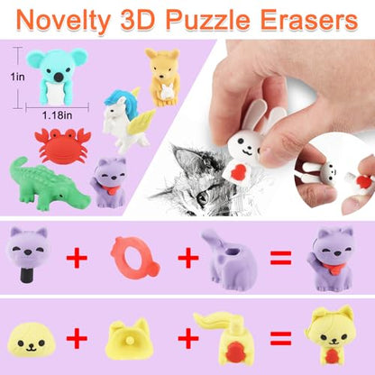 80Pcs Animal Erasers Kids Desk Pets Pencil Erasers 3D Puzzle Eraser Bulk Fun Cute Mini Animal Eraser Toys for Classroom Rewards (80 Count)
