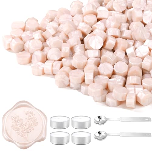 360Pcs Champagne Sealing Wax Beads with 2 Spoons and 4 Tea Candles for Wax Seal Stamps (360 Count)
