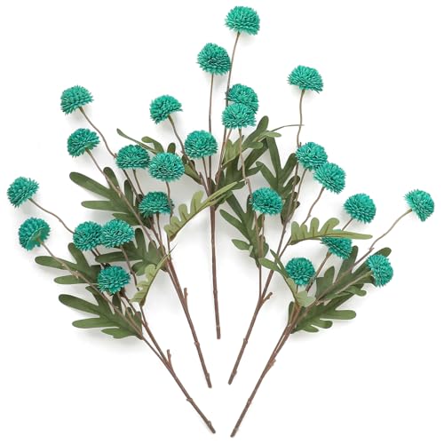 5pcs Teal Green Faux Silk Mums Artificial Flowers (25 Count)