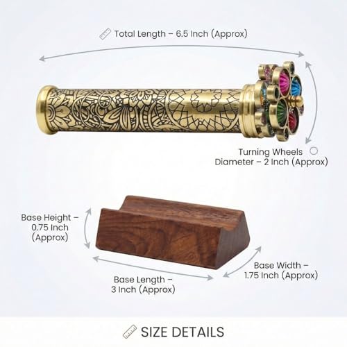 Handcrafted Etched Floral Pattern Lacquered Brass Kaleidoscope Includes Two Separate Turning Wheels