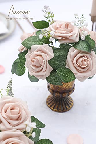 Artificial Flowers 25pcs Real Looking Nude Foam Fake Roses with Stems for DIY Wedding Bouquets Bridal Shower Centerpieces Floral Arrangements Party Tables Home Decorations (25 Count)