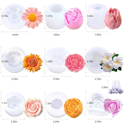 9 PCS Flower Candle Molds Rose Tulip Silicone Candle Mold Flower Shapes (9 Count)