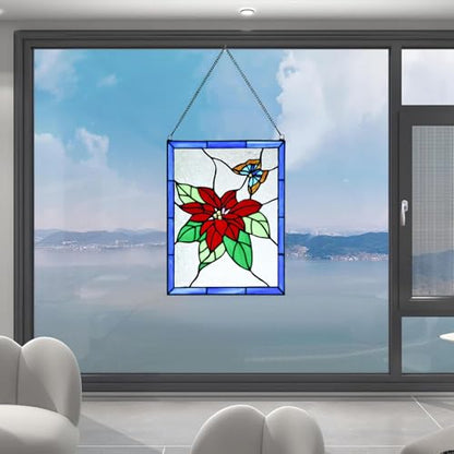 PA0020 Stained Glass Window Panel Tiffany Style Poinsettia Butterfly Suncatcher