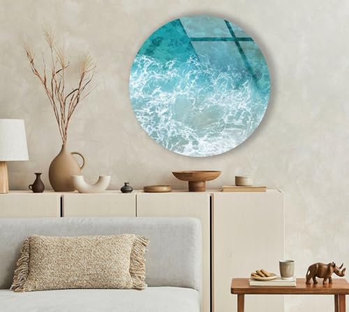 39,4''(100cm) Diameter Sea Waves Round Glass Wall Art Tempered Glass Printing Wall Decor Large Wall Art Wall Hangings