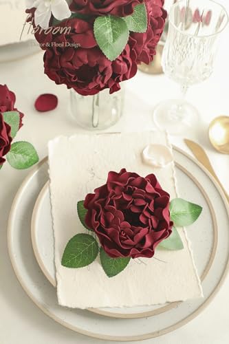 Artificial Flowers 16pcs 4" Burgundy Blooming Peonies Real Looking Foam Fake Peony with Stems for DIY Wedding Bouquets Dark Red Bridal Shower Centerpieces Floral Arrangements Tables Decoration (24 Count)