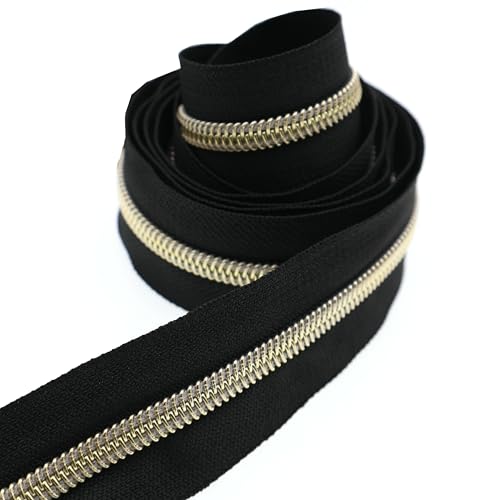 5 Metallic Nylon Coil Zippers by The Yard Bulk 10 Yards Black Zipper Tape with 25pcs Gold Ring Pull Sliders for DIY Sewing Tailor Craft Bag