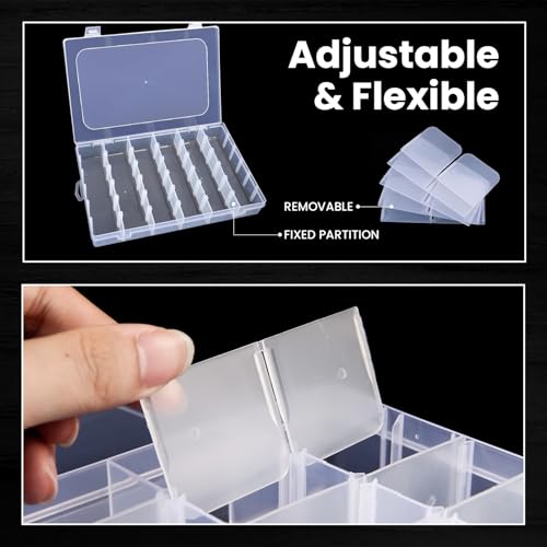 8pack 36 Grids Plastic Clear Organizer Box bead Storage Containers with Adjustable Dividers for Craft Jewelry Fishing Tackles Parts Storage with 8 Sheets Label Stickers (8 Count)