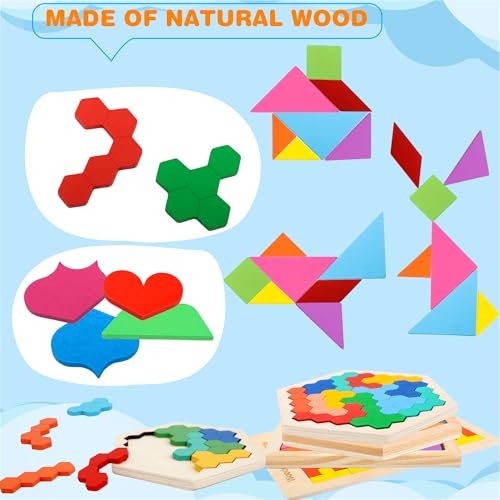 7 Pack Wooden Tangrams Puzzle Set Wooden Hexagon Puzzles Wood Russian Blocks Geometric Block Brain Teaser for Kids Adults 3D Logic Intelligence IQ Game Gift (7 Count)